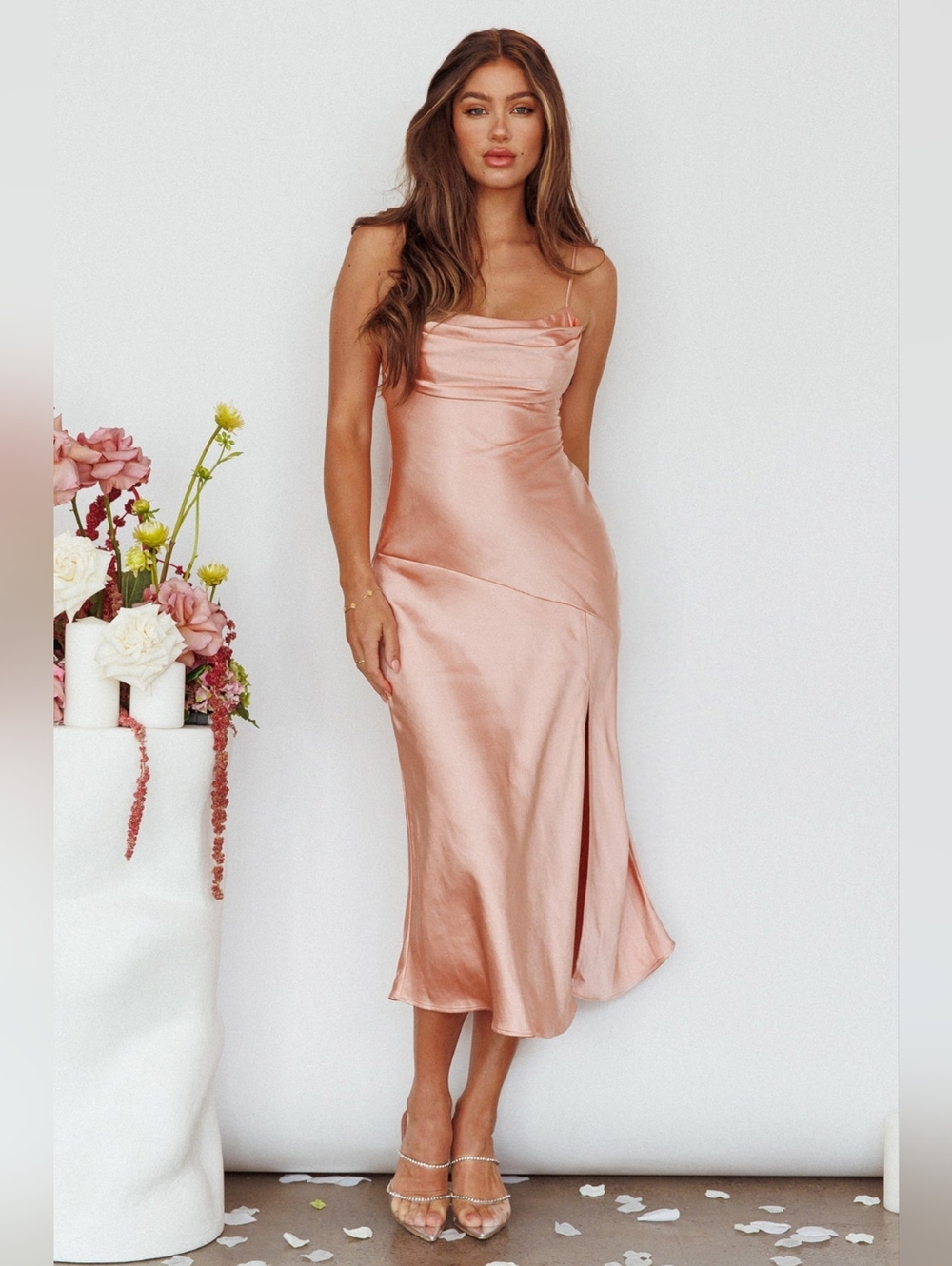 Selfie Leslie Well Versed Pleated Bust Front Split Dress Desert Rose